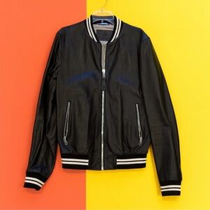 Dolce & Gabbana Black Leather Varsity Jacket with white stripe edging